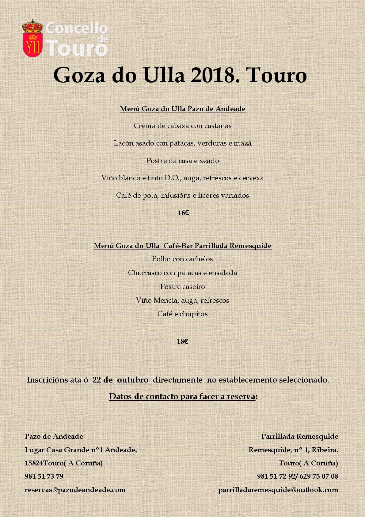 Menú Goza do Ulla Touro 2018